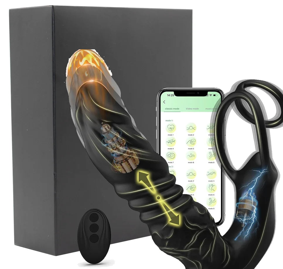 Male Sex Toy for Man Gay Couple Pleasure，5-in-1 Prostate Massager Thrusting Anal Vibrator ，Dual Silicone Cock Ring with APP&Re