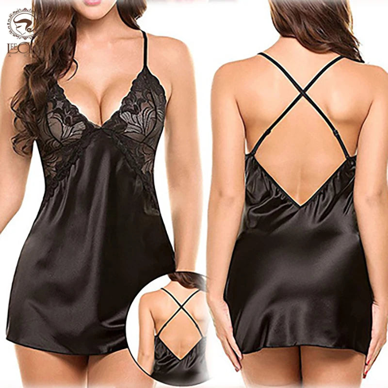 Erotic Nightdress Sexy Lingerie For Women Lingerie Porno Lmitation Ice Silk Lenceria Erotica Mujer Sexi Lace Sleepwear Underwear