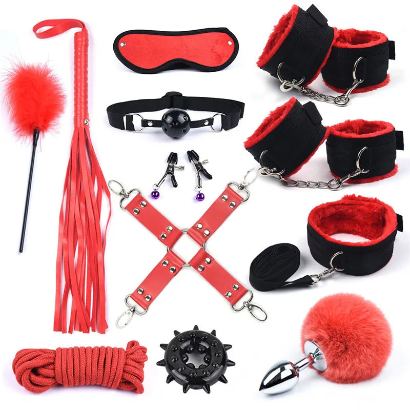 Erotic Sex Toys For Women Adults Games Nylon Bondage BDSM Kits Handcuffs Sex Whip Mouth Gag Rabbit Tail Anal Plug