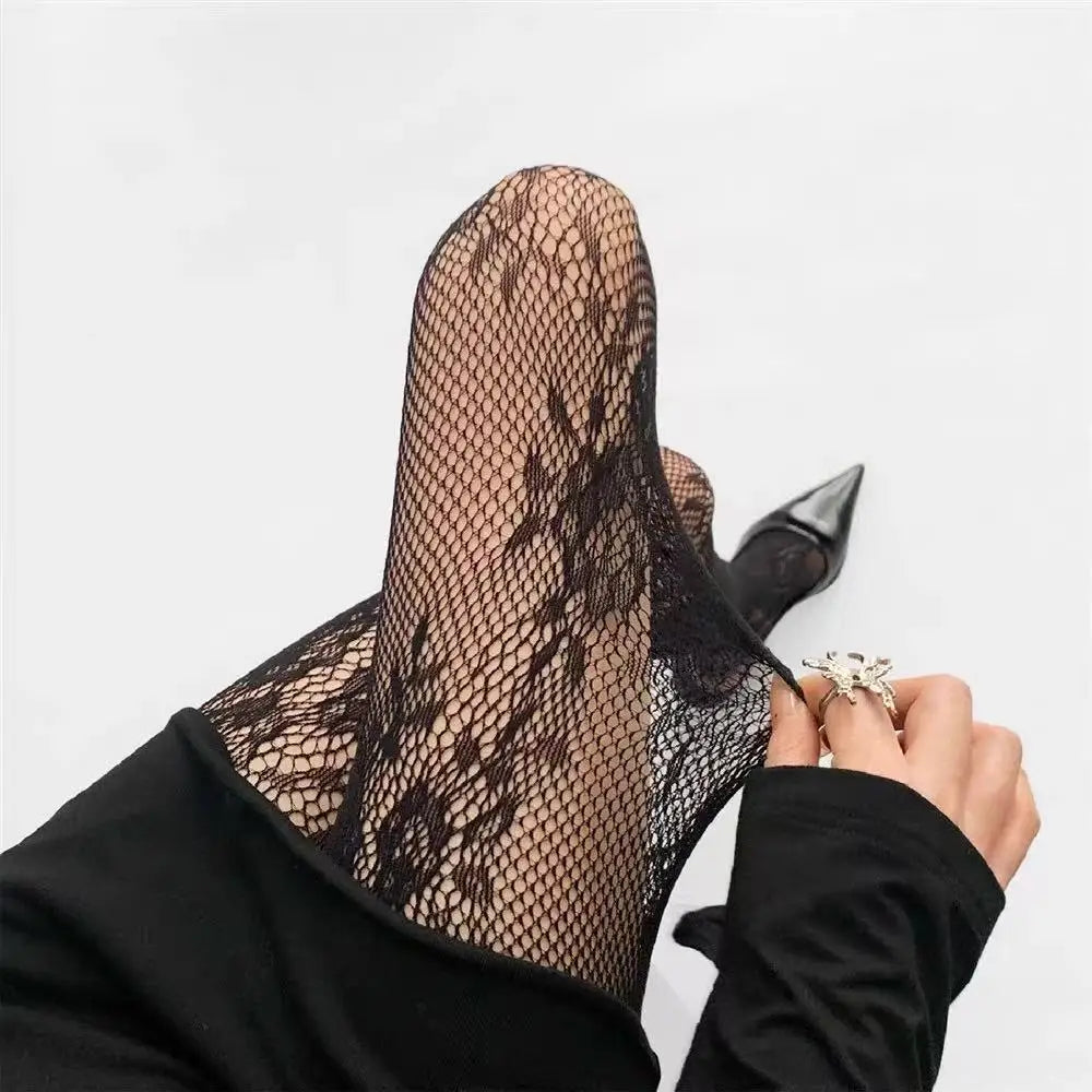 Lingerie Women Sexy Hollow Out Mesh Fishnet Pantyhose Lolita Sweet Girls Punk Style Floral Tights Colorful Thigh High Stockings