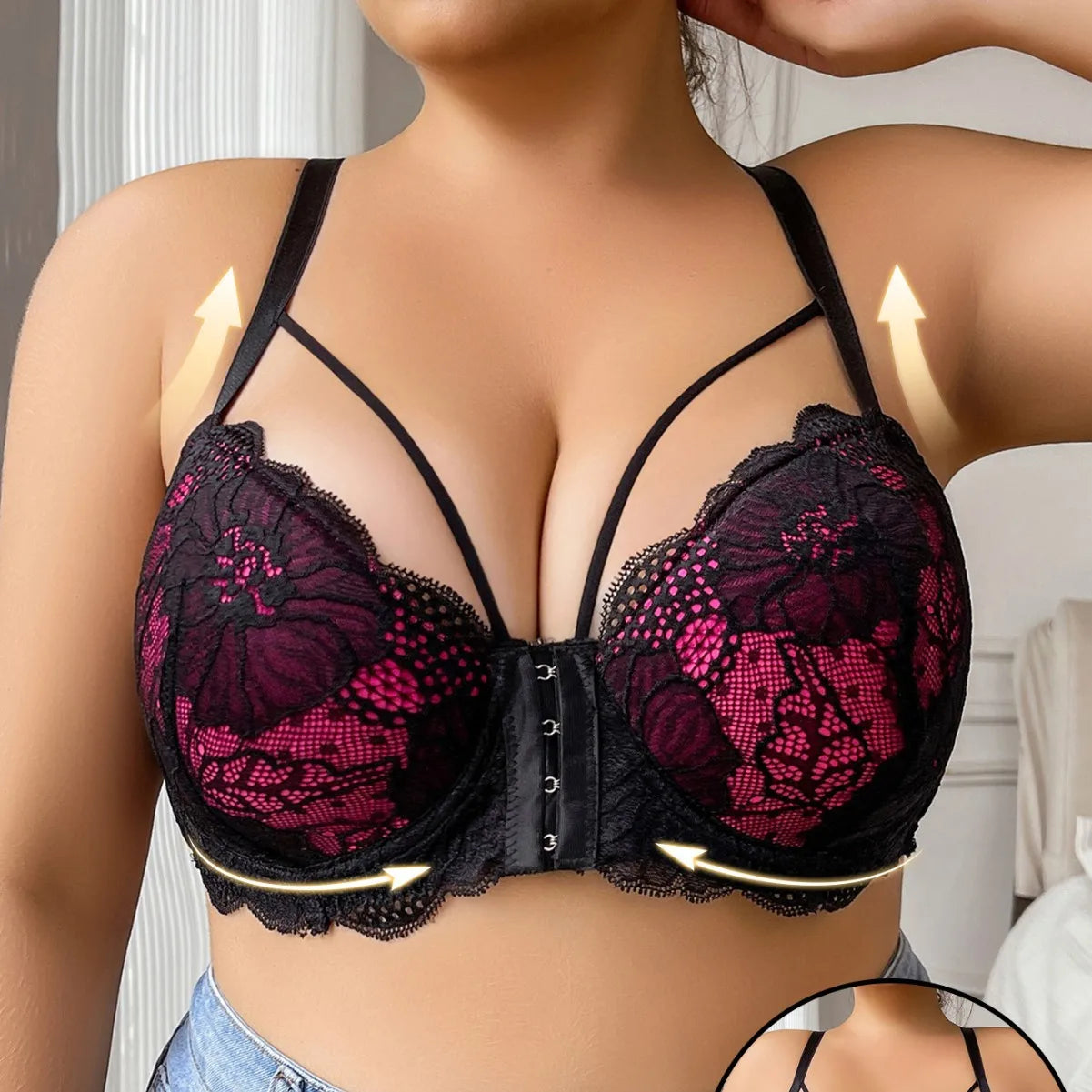 Lingerie Women Large Breasts Sexy Lace Back Beauty Bra Thin Front Buckle Push Up Adjustable 85 90 95 100 105 110 C D E F