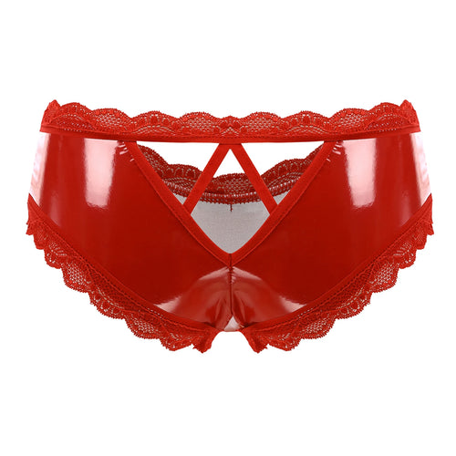 Lingerie for Ladies Women's Erotic Panties Crotch Open Sex Wet Look Porn Underwear Patent Leather Lace V-Back mujer Mini Briefs