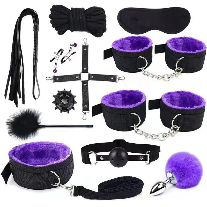 Erotic Sex Toys For Women Adults Games Nylon Bondage BDSM Kits Handcuffs Sex Whip Mouth Gag Rabbit Tail Anal Plug