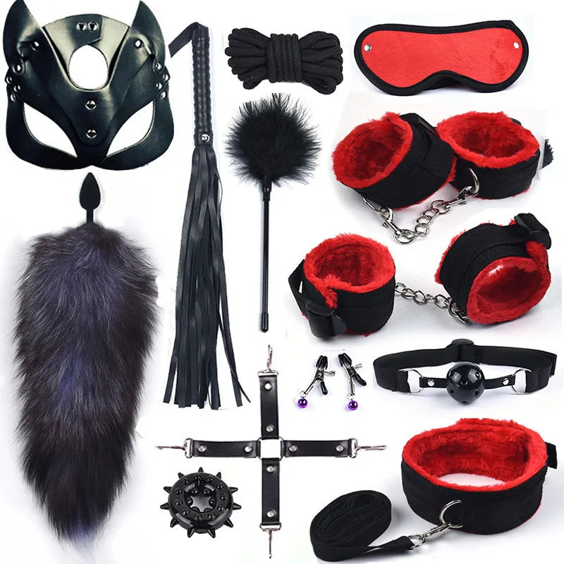 Erotic Sex Toys For Women Adults Games Nylon Bondage BDSM Kits Handcuffs Sex Whip Mouth Gag Rabbit Tail Anal Plug