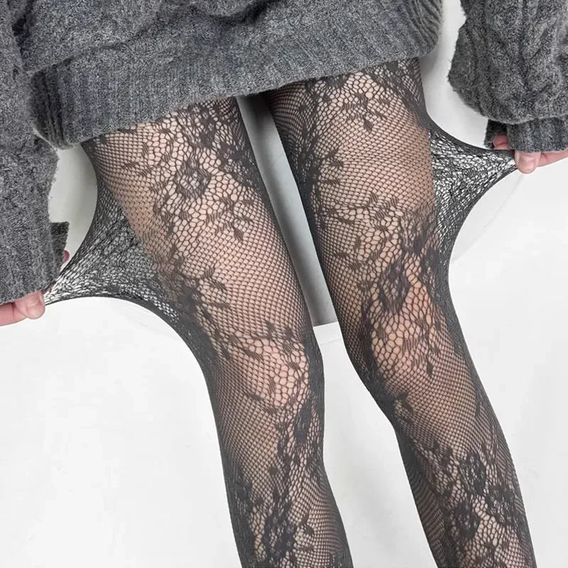 Lingerie Women Sexy Hollow Out Mesh Fishnet Pantyhose Lolita Sweet Girls Punk Style Floral Tights Colorful Thigh High Stockings