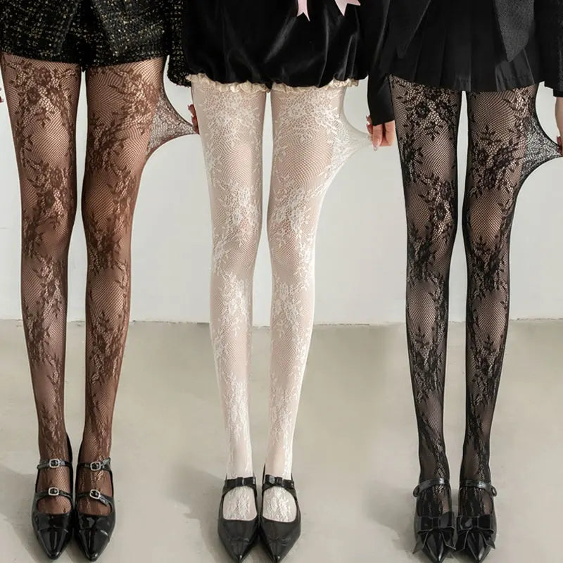 Lingerie Women Sexy Hollow Out Mesh Fishnet Pantyhose Lolita Sweet Girls Punk Style Floral Tights Colorful Thigh High Stockings