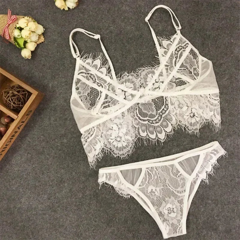 Lingerie Set Plus Size Hot Underwear Women Set Bra&Panty Thong Set Transparent Lingere Lace Black Open Intimates
