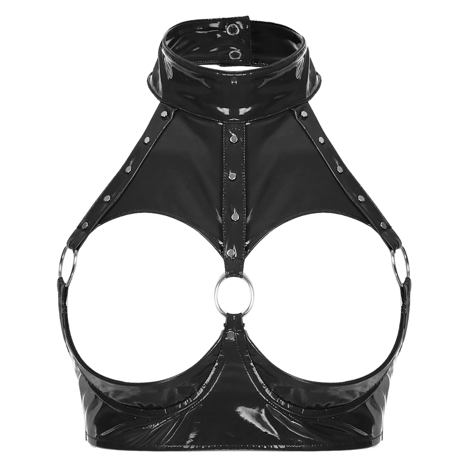 Lingerie Sexy Set Women Wetlook Patent Leather Wire-free Open Cup Sexy Bra with Ruffle Built-in Thongs Garter Belt Mini Skirts