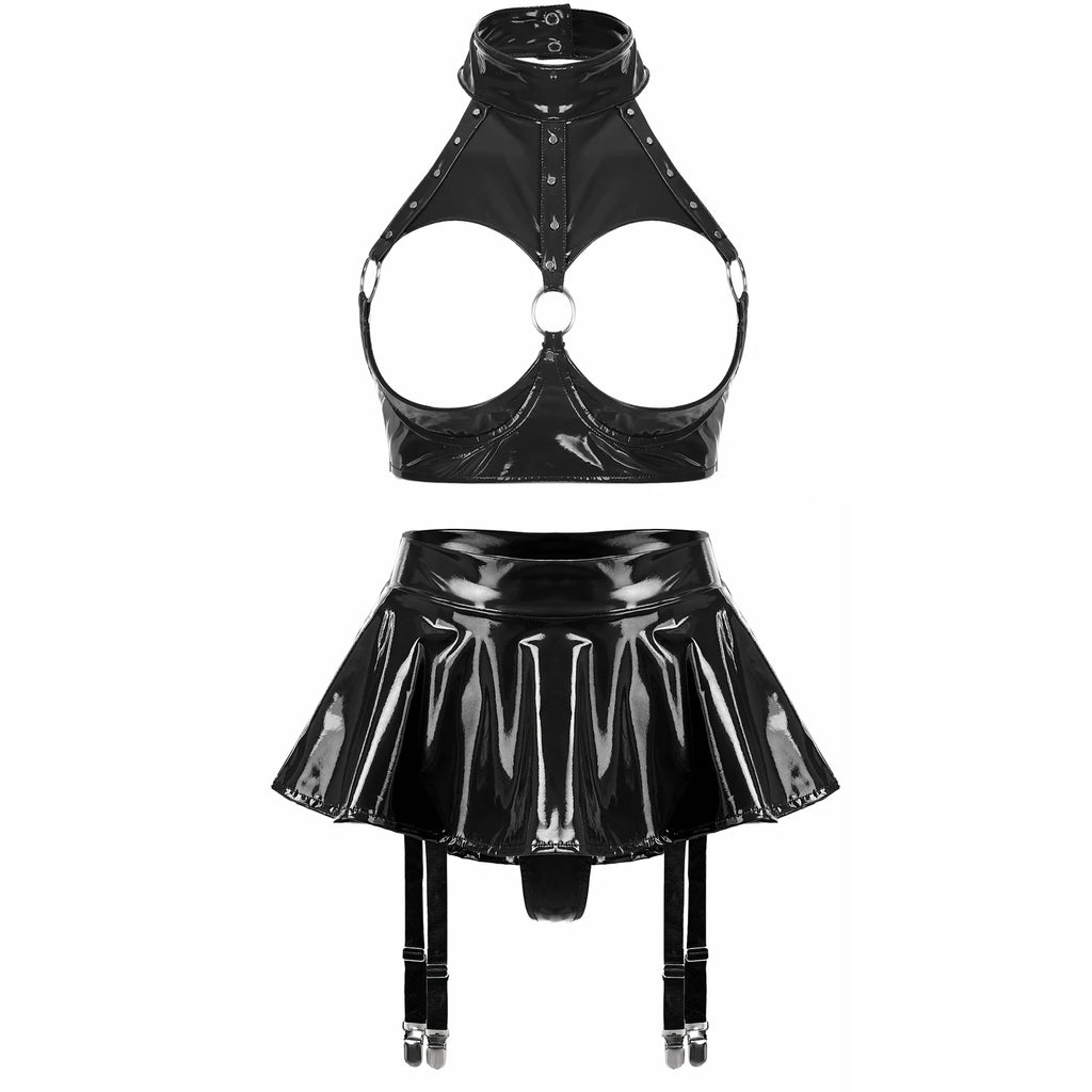 Lingerie Sexy Set Women Wetlook Patent Leather Wire-free Open Cup Sexy Bra with Ruffle Built-in Thongs Garter Belt Mini Skirts